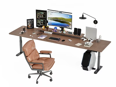 Office Desk Setup With Dual Monitors Laptop Office Chair And Desk Lamp 3d model