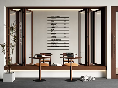 Modern Indoor Seating Area With Wooden Frame Folding Doors Small Tables Chairs Wall Text Plant 3d model