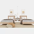 Single Beds With Wooden Headboards Gray Beige Bedding Nightstand Lamp Wall Paintings And Rug