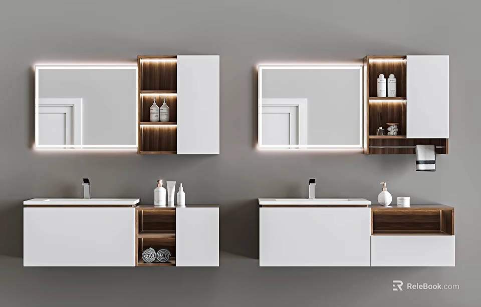 Modern Double Bathroom Vanity With Backlit Mirrors And Wooden White Cabinets 3d model 