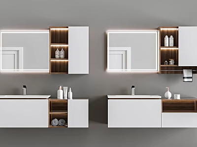Modern Double Bathroom Vanity With Backlit Mirrors And Wooden White Cabinets 3d model