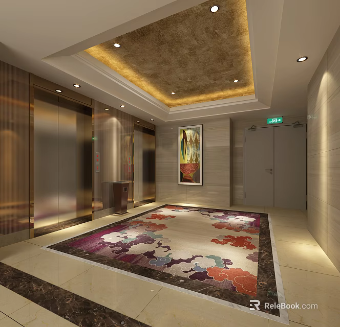 Modern Elevator Lobby Interior With Elevator Doors Colorful Floral Rug Ceiling Lighting And Decorative Painting 3d model 