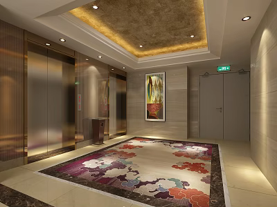 Modern Elevator Lobby Interior With Elevator Doors Colorful Floral Rug Ceiling Lighting And Decorative Painting 3d model