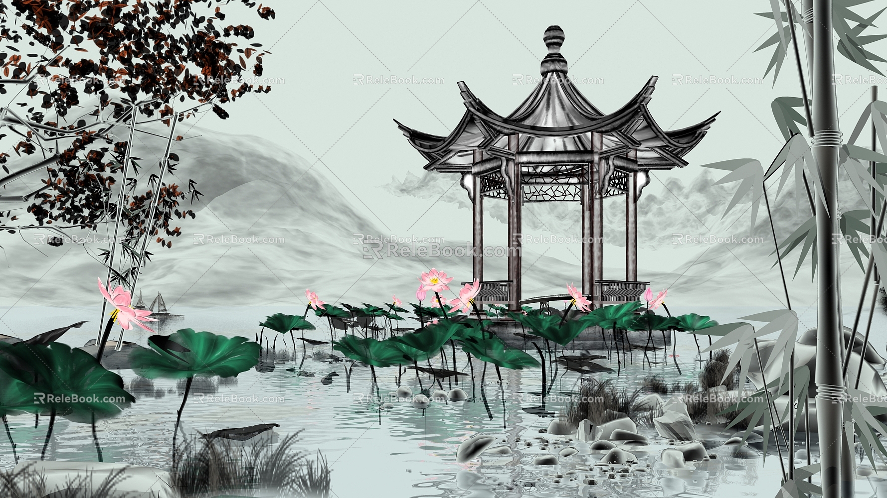 Chinese Lake Ink Scene 3d model