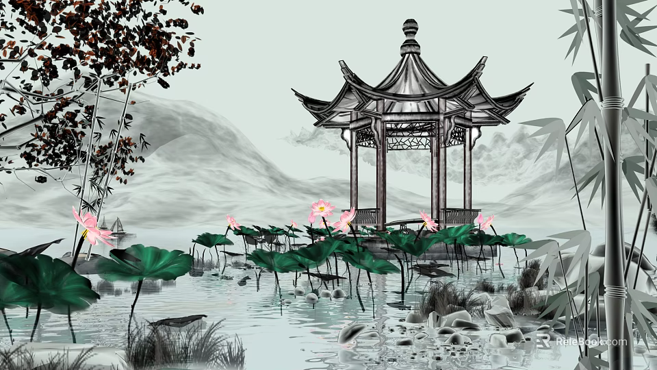 Chinese Ink Style Scenic Landscape With Pagoda Lotus Flowers Leaves Bamboo And Distant Mountains 3d model 