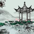 Chinese Ink Style Scenic Landscape With Pagoda Lotus Flowers Leaves Bamboo And Distant Mountains