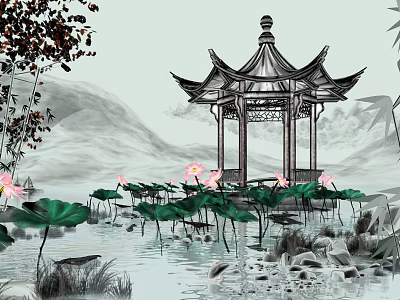 Chinese Ink Style Scenic Landscape With Pagoda Lotus Flowers Leaves Bamboo And Distant Mountains 3d model