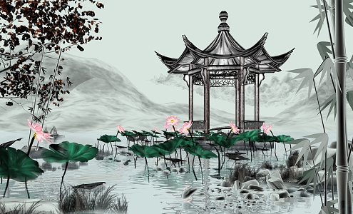 Chinese Lake Ink Scene 3d model