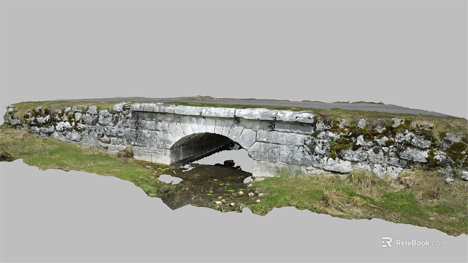 Arched Stone Bridge Structure With Stone Walls Grass Field And Small Stream 3d model