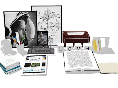 Stylish Decorative Ornament Collection With Photo Frames Books And LOVE Letter Decor 3d model