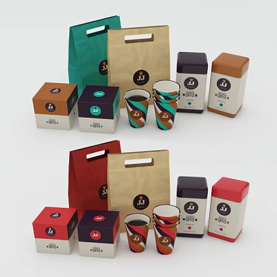 Colorful Beverage Packaging With Various Colored Paper Bags Cartons And Paper Cups Featuring Uniform Logo 3d model