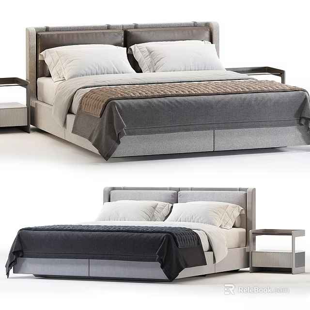 Modern Upholstered Double Bed With Gray Black Bedding And Bedside Table 3d model 