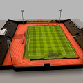 Professional Football Stadium With Green Grass Pitch Yellow Seats Red Track And Lighting Towers
