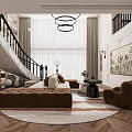 Modern Living Room Interior With Brown Sofas Round White Coffee Table Circular Chandeliers Staircase And Bookshelves