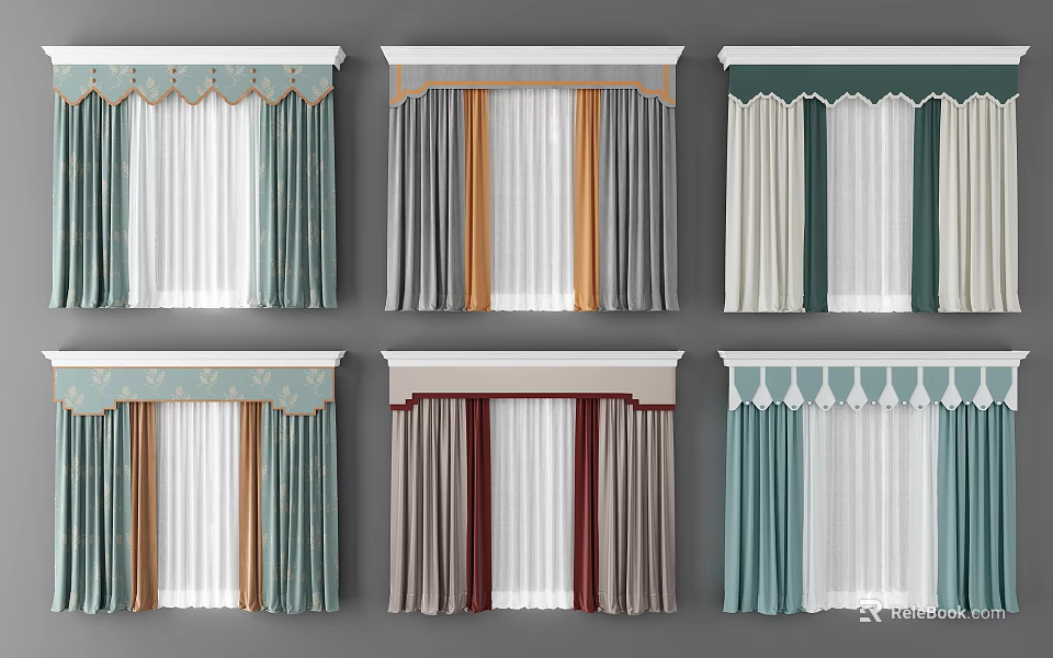 Curtains with Various Colors Scalloped Valance and Decorative Panels for Home Interior 3d model 