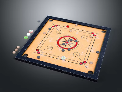 Carrom Board Game Wooden Surface With Red Queen White Black Coins Striker For Family Recreation 3d model