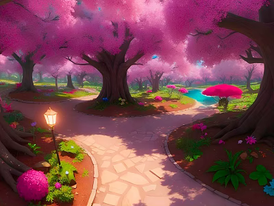 Scenic Pink Cherry Blossom Garden With Winding Stone Path Lamp Post And Stream 3d model