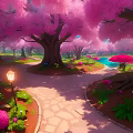 Scenic Pink Cherry Blossom Garden With Winding Stone Path Lamp Post And Stream
