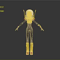 3D Robot Model With Silver Head Yellow Shoulders Black Bodysuit Yellow Boots And Red Soles