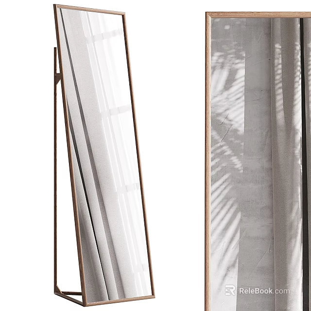 Elegant Modern Full Length Mirror With Gold Metal Frame And Leaf Shadows On Wall 3d model 