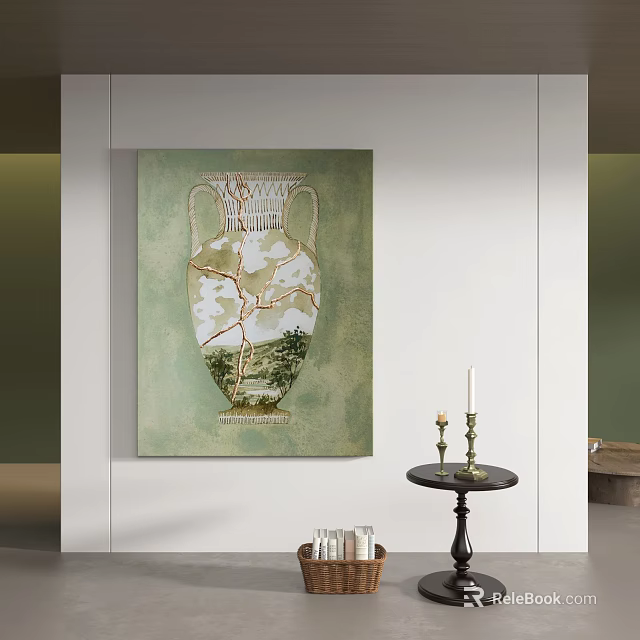 Abstract Painting With Green Toned Vase Pattern And Natural Elements For Interior Decor 3d model