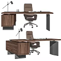 Modern Walnut Wood Office Desk With Leather Chair And Desk Lamp