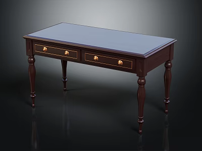 Traditional Dark Wood Desk With Light Blue Top Three Golden Knob Drawers And Classic Legs 3d model