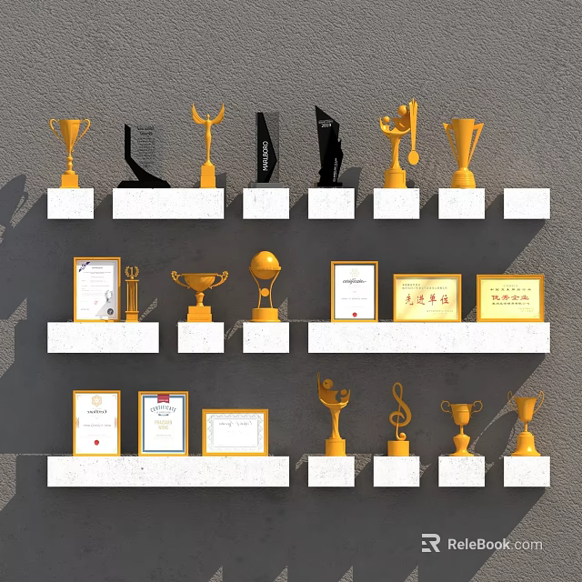 Golden Trophies and Framed Certificates Displayed on White Shelves with Grey Wall Background 3d model 