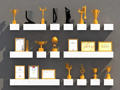 Golden Trophies and Framed Certificates Displayed on White Shelves with Grey Wall Background 3d model