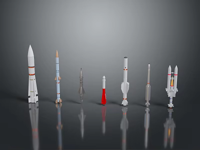 Multiple Space Rocket Models Of Different Colors And Designs Arranged On Black Background With Reflections 3d model