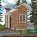 Yellow Cottage with Red Roof White Balcony Railing Surrounded by Green Trees and Lawn