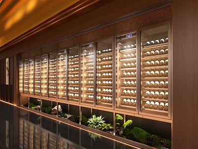 Wooden Wine Cabinet With Glass Doors And Neatly Arranged Wine Bottles Green Plants And Lighting 3d model