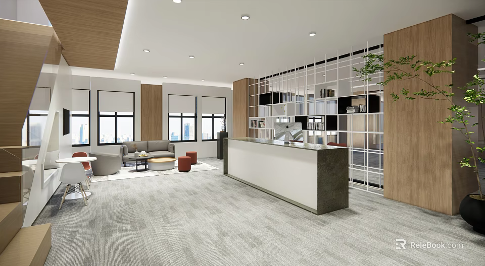 Modern Front Desk Reception Area Interior With Sofa Seating Windows And Stone Counter 3d model