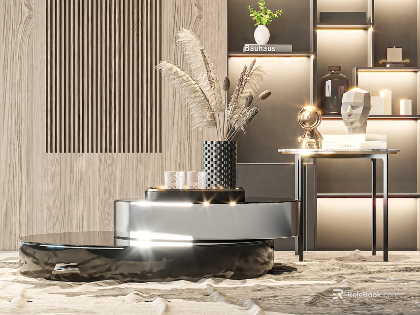 Modern Coffee Table With Metal Frame Glass Top And Decorative Vase 3d model 