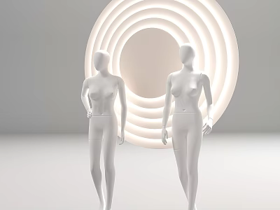White Mannequins Standing In Front Of Circular Ring Light Background Design 3d model