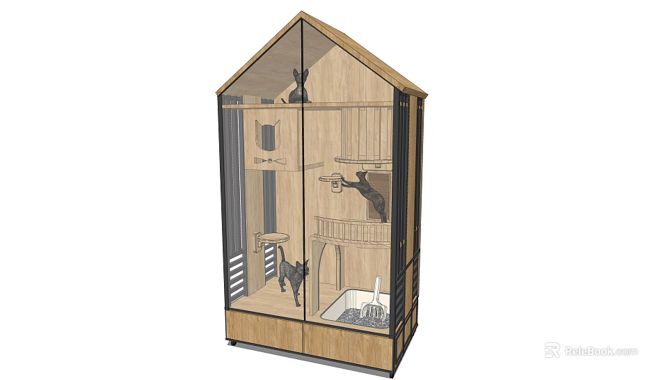 Spacious Wooden Multi Level Pet Living Space With Platforms And Glass Door 3d model 