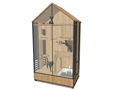 Spacious Wooden Multi Level Pet Living Space With Platforms And Glass Door 3d model
