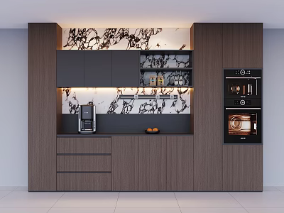 Modern Wine Cabinet In Kitchen With Wood Cabinets And Marble Backsplash Design 3d model