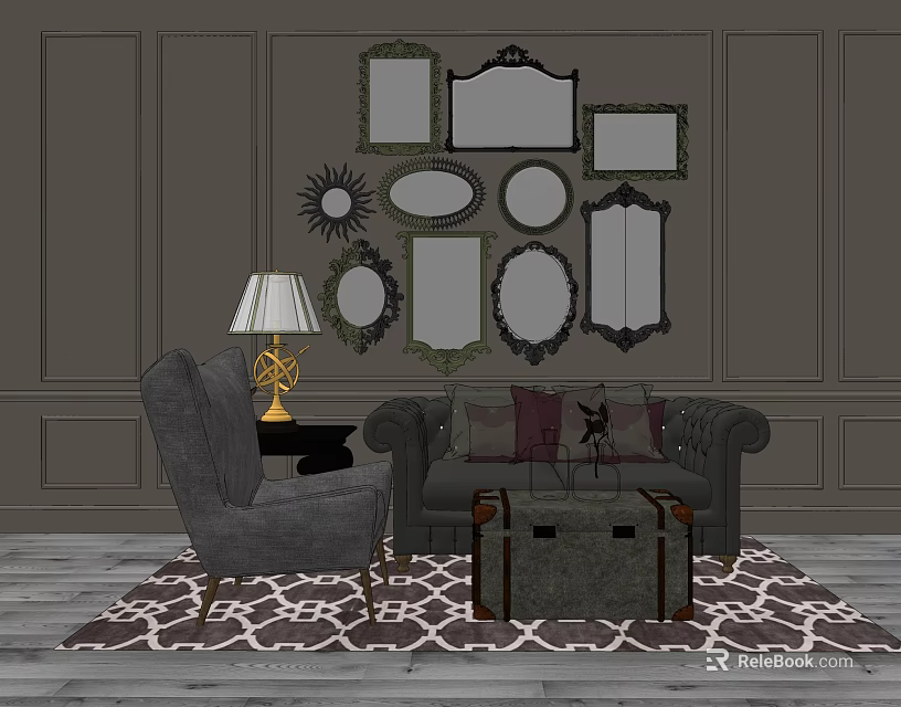 Tufted Sofa and Coffee Table Set with Wall Mirrors Armchair Table Lamp and Patterned Rug 3d model