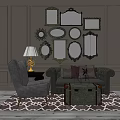 Tufted Sofa and Coffee Table Set with Wall Mirrors Armchair Table Lamp and Patterned Rug 3d model