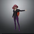 Child With Pink Hair In Black Top Red Cape Purple Pants Standing On Gray Background