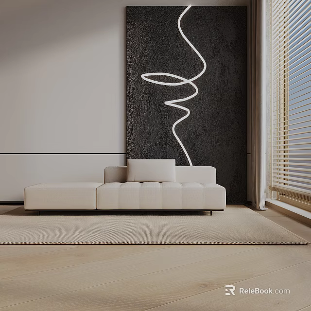 Modern Off White Three Seater Sofa with Black Wall White Curved Light and Light Rug 3d model 