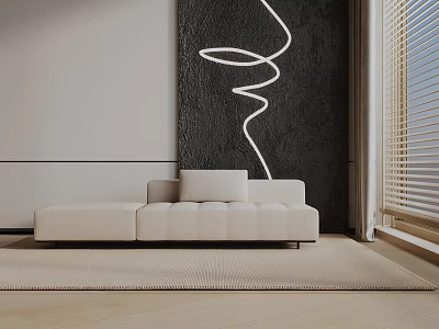 Modern Off White Three Seater Sofa with Black Wall White Curved Light and Light Rug 3d model