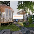 Tranquil Garden Landscape Featuring Thatched Pavilions White Curtains Bamboo Walkway Stone Path And Greenery