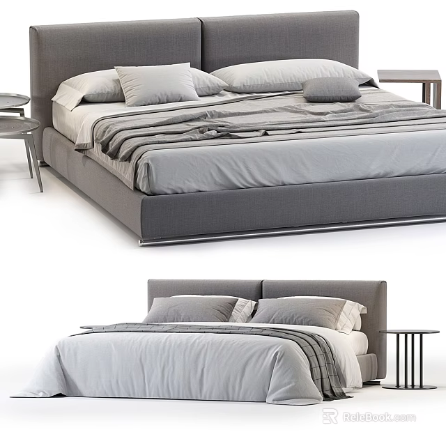 Modern Double Bed With Upholstered Headboard Gray Bedding And Wooden Nightstand 3d model 