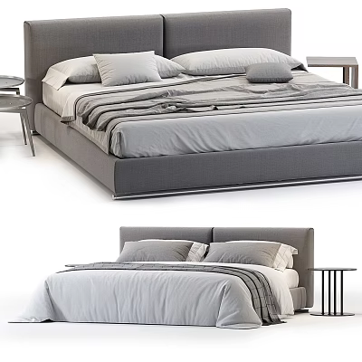 Modern Double Bed With Upholstered Headboard Gray Bedding And Wooden Nightstand 3d model