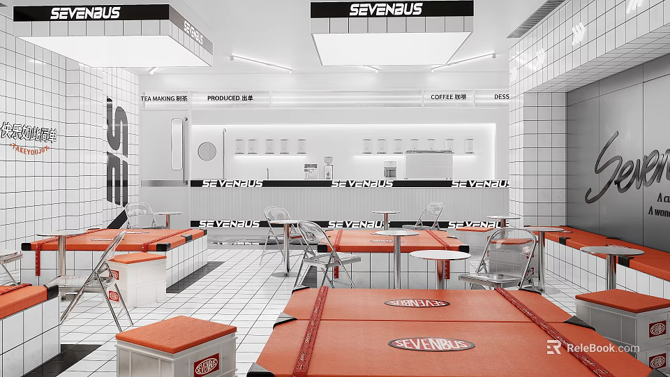 SEVENBUS Milk Tea Shop Modern Interior With White Tiled Walls Red Tables And Comfortable Seating Area 3d model 