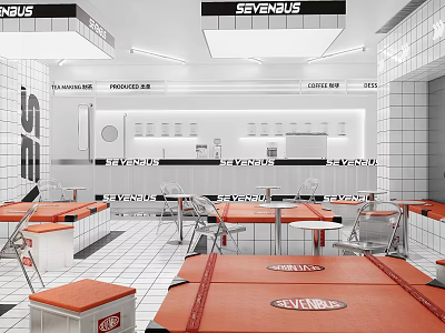 SEVENBUS Milk Tea Shop Modern Interior With White Tiled Walls Red Tables And Comfortable Seating Area 3d model