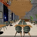 Modern Restaurant Interior Featuring Wooden Ceiling Decor Green Plaid Seats Wooden Tables And Wall Art