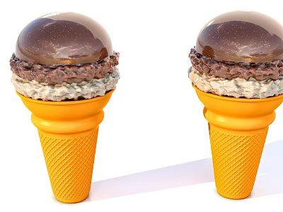 Two Yellow Ice Cream Cones with Chocolate Tops and Layered Creamy Layers 3d model